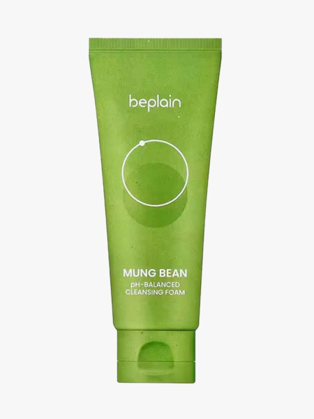 Green bottle of BePlain Mung Bean pH-Balanced Cleansing Foam on light gray background