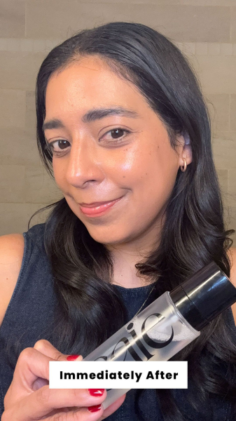 Alessandra Foresto at the end of the day immediately after after applying the Saie CitySet Lightweight Setting Spray