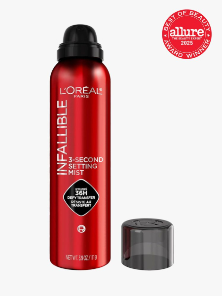 L'Oreal Paris Infallible 3-Second Setting Spray Mist in branded component on a light gray background with best of beauty 2025 seal in the top right corner