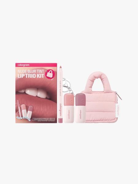 Colorgram Nude Blur Tint Lip Trio Kit in branded components on a light gray background