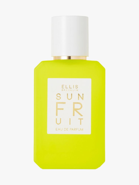 Ellis Brooklyn Sun Fruit Eau de Parfum neon yellow bottle of perfume with white cap on light gray background
