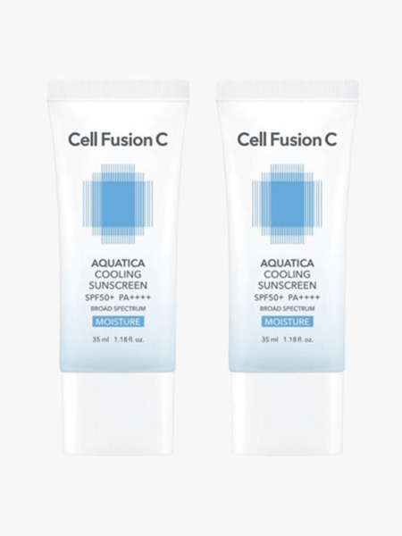 Cell Fusion C Aquatica Cooling Sunscreen 35ml Double Pack in branded components on a light gray background