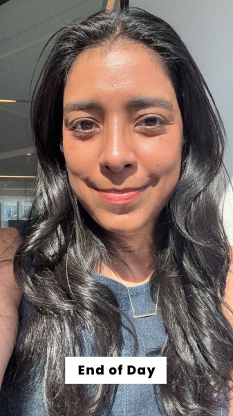 Alessandra Foresto at the end of the day after applying the Saie CitySet Lightweight Setting Spray