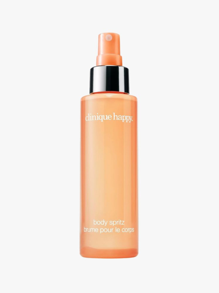 Clinique Happy Body Spritz in branded component on a light gray background