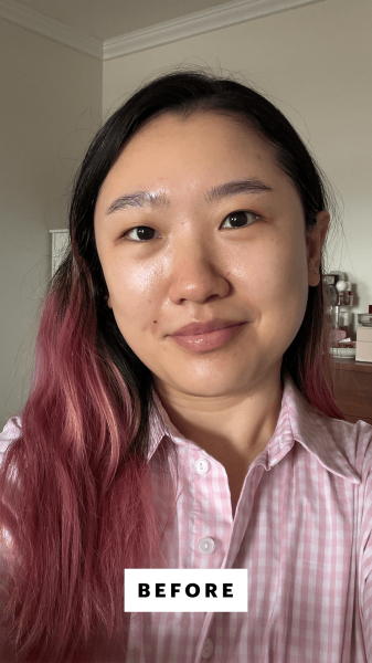 A selfie of Allure commerce editor Sarah Han before applying the Iconic London Super Smoother Blurring Skin Tint