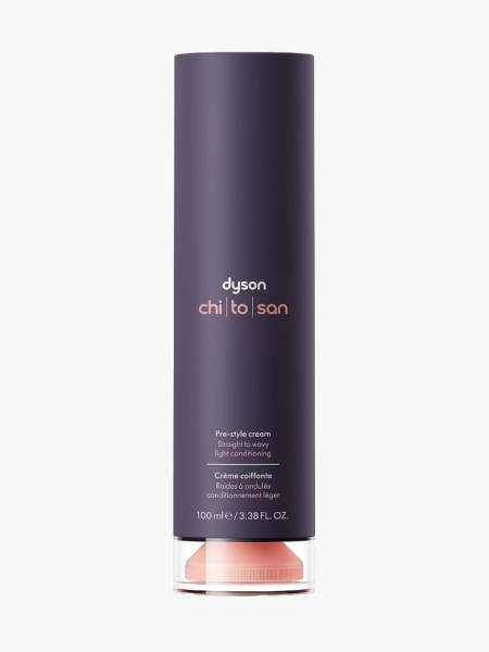 Dyson Chitosan Pre-Style Cream in branded component on a light gray background